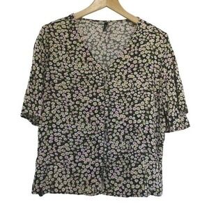 Rio Women's Floral Button Front Short Sleeve Blouse Shirt Top size XL Black Boho